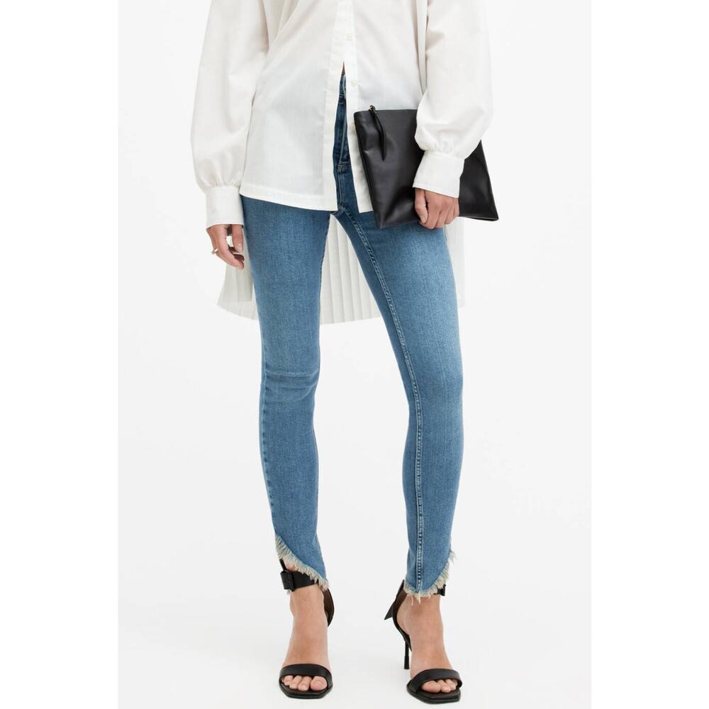 All Saints Sz Large Dax Asymmetric Hem Skinny Denim Jeans Fray High Rise Stretch